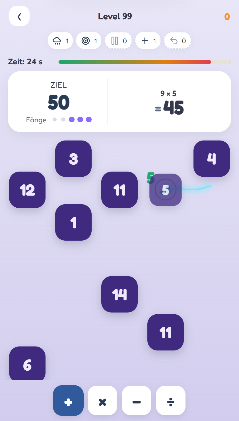 TallyFall: In Level 99 werden fallende Zahlen kombiniert, um das Ziel 50 zu erreichen.